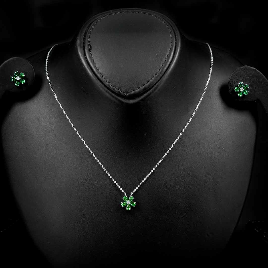 Omnia Emerald Bloom Necklace and Earrings Set In 925 Silver with High Quality Simulated Diamonds - OMNIASTORES UAE