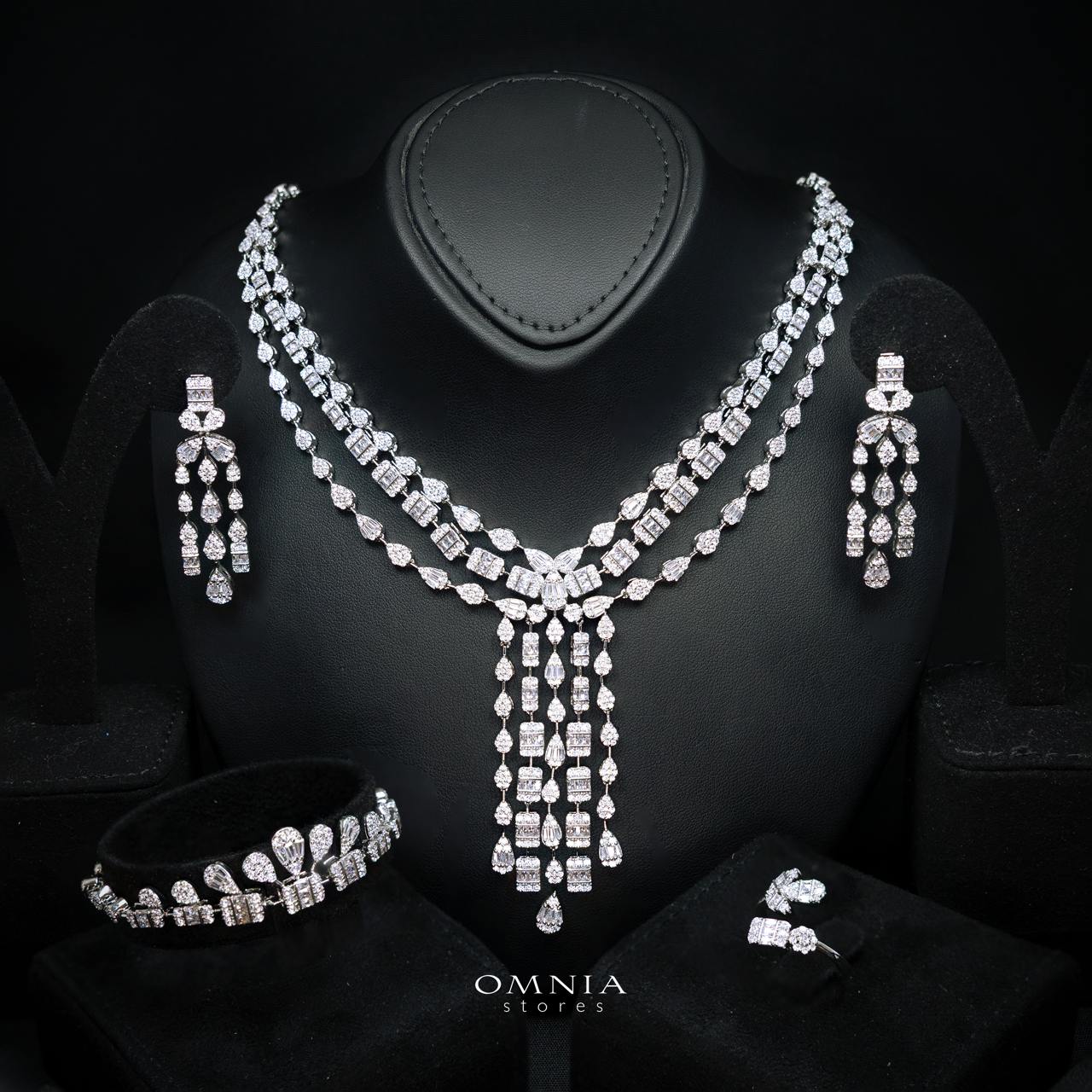 Zahida Elegant White Cascading Tassel Chandelier Bridal Full Set with Premium Zircon Stones, Rhodium-Plated Finish - OMNIASTORES KSA