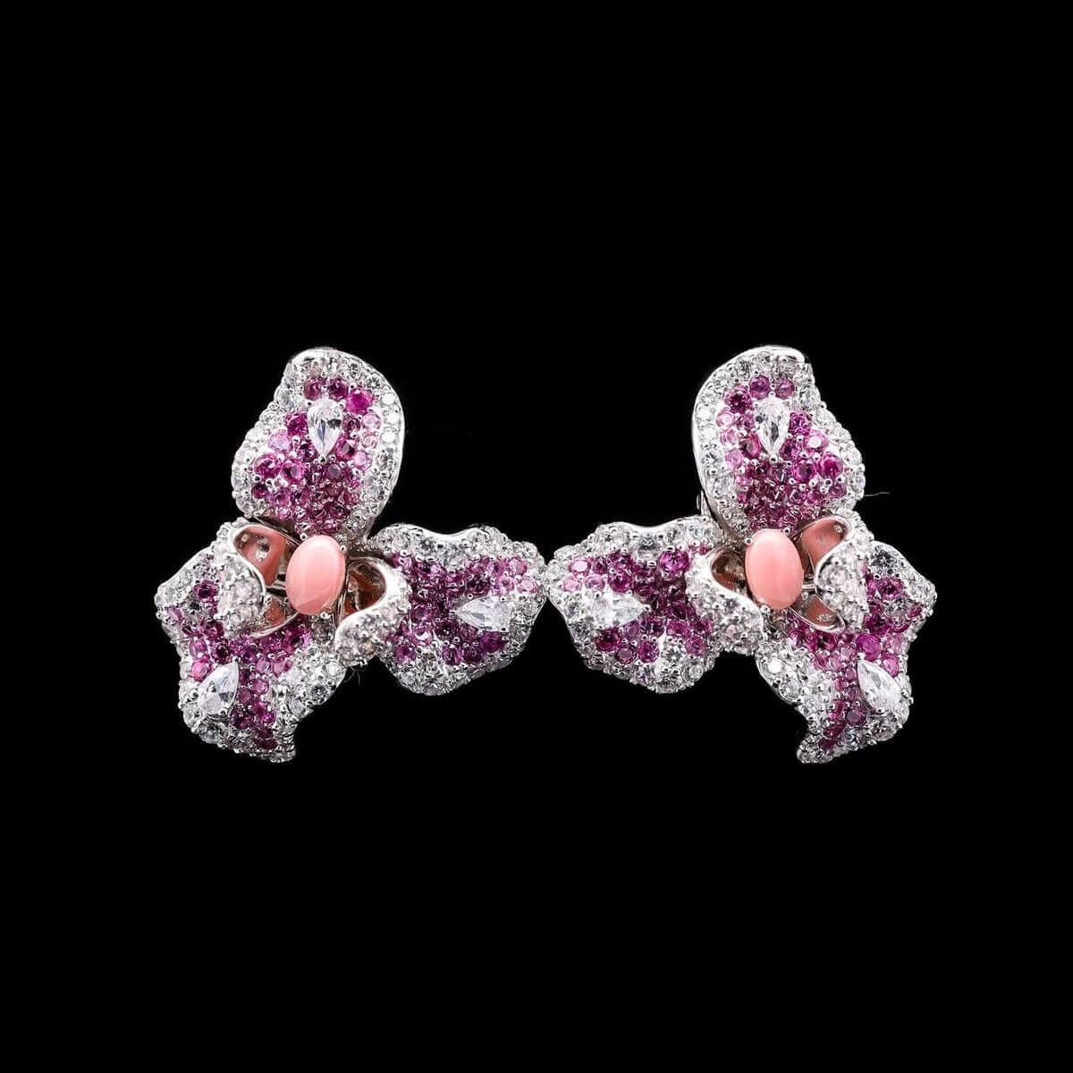 Omnia Pink Orchid Earrings in 92.5 Silver with High-Quality Simulated Diamonds and Coral Accents - OMNIASTORES UAE