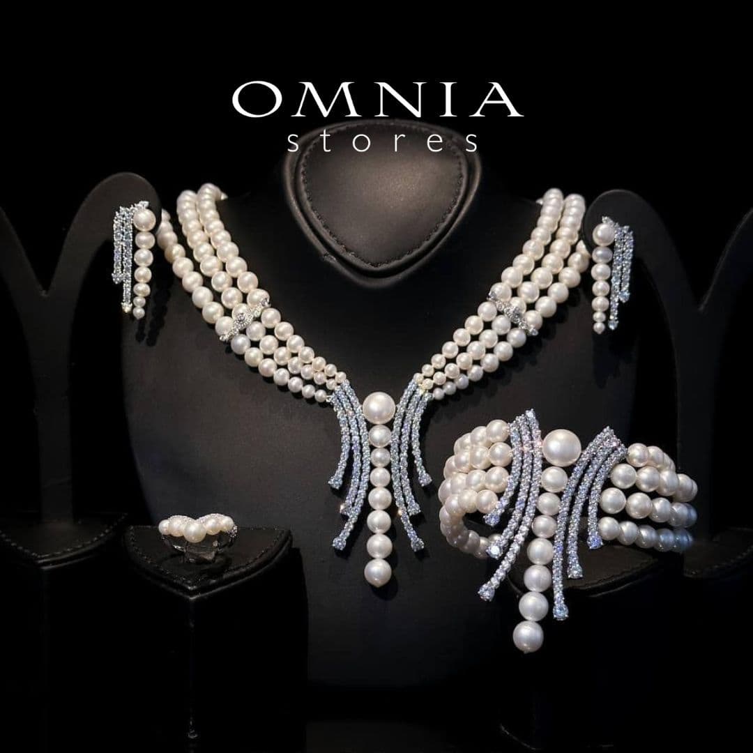 Omnia Shanina Bridal Full Set Designed with Freshwater Real Pearls and High-Quality Simulated Diamonds in a Rhodium Plated Finish - OMNIASTORES UAE