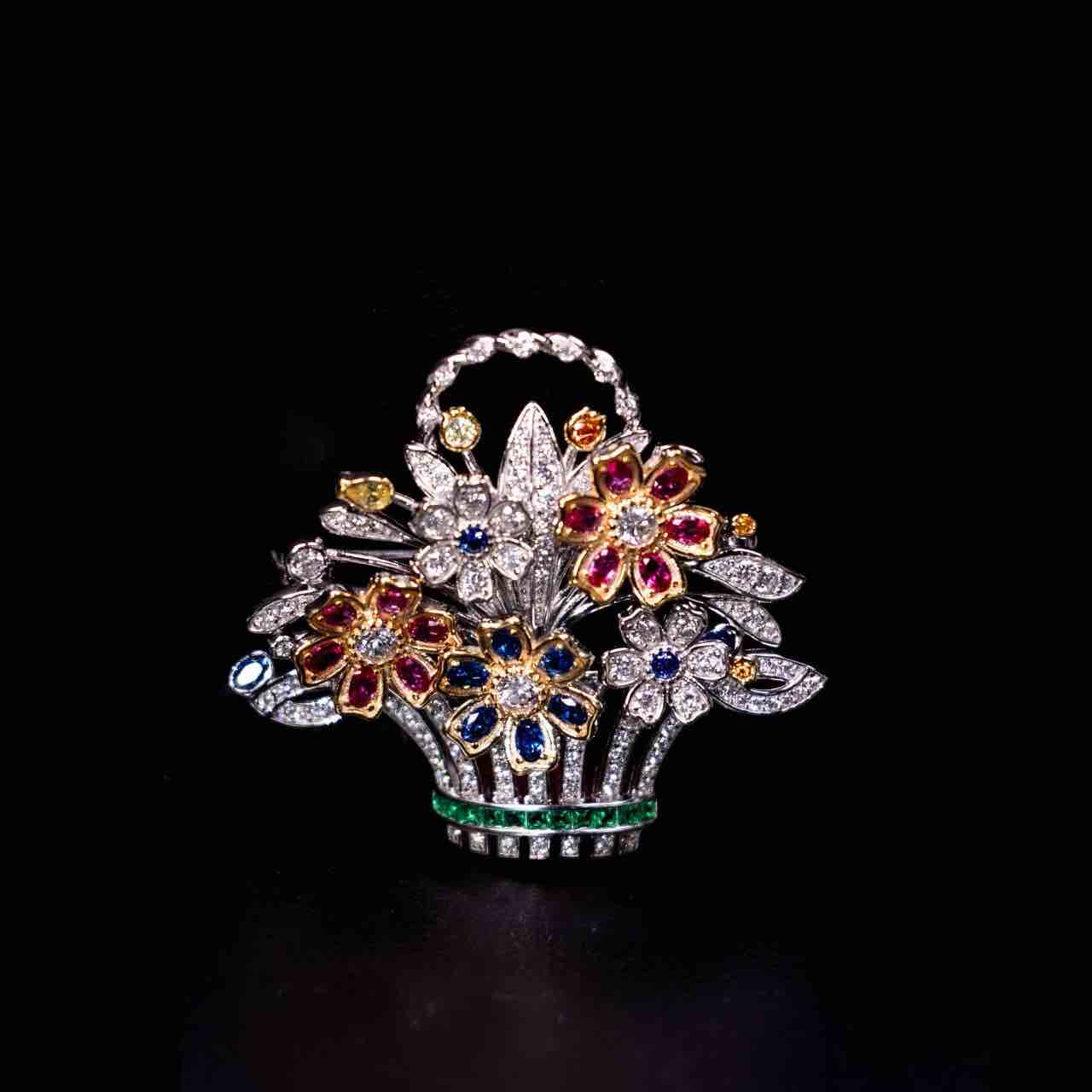 Omnia Naila Multi Color Floral Basket Silver brooch in 925 Silver High Quality Simulated Diamonds Stones - OMNIASTORES UAE