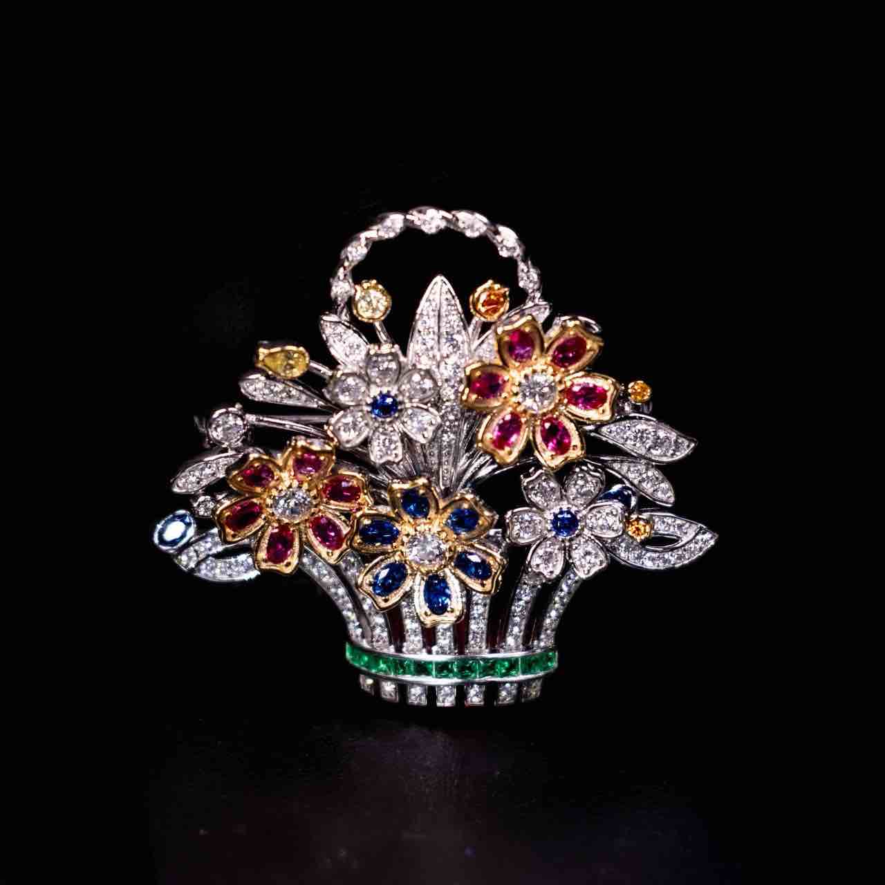Omnia Naila Multi Color Floral Basket Silver brooch in 925 Silver High Quality Simulated Diamonds Stones - OMNIASTORES UAE