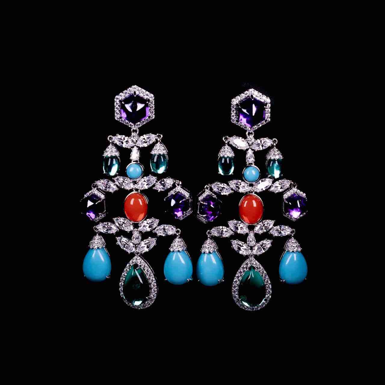 Omnia Raniya Chandelier Multi Color Silver Drop Earrings In 925 Silver High Quality Certified Lab Crafted Stones - OMNIASTORES UAE