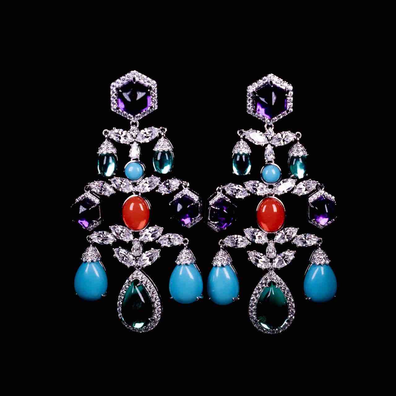 Omnia Raniya Chandelier Multi Color Silver Drop Earrings In 925 Silver High Quality Certified Lab Crafted Stones - OMNIASTORES UAE