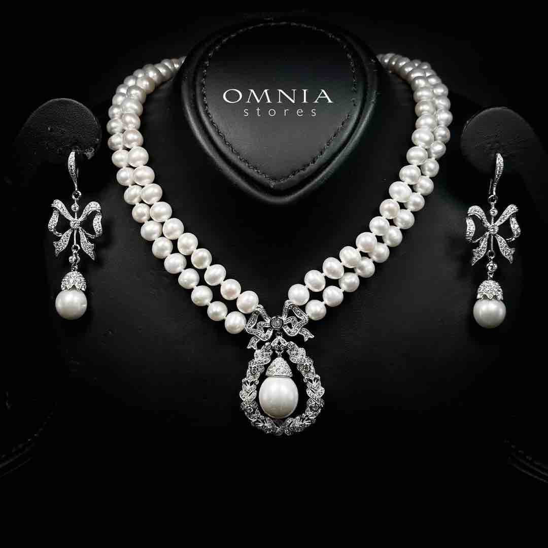 Omnia Aneera Fresh Water Pearl Necklace and Earrings Set with 925 Silver High Quality Simulated Diamonds Stones - OMNIASTORES KSA