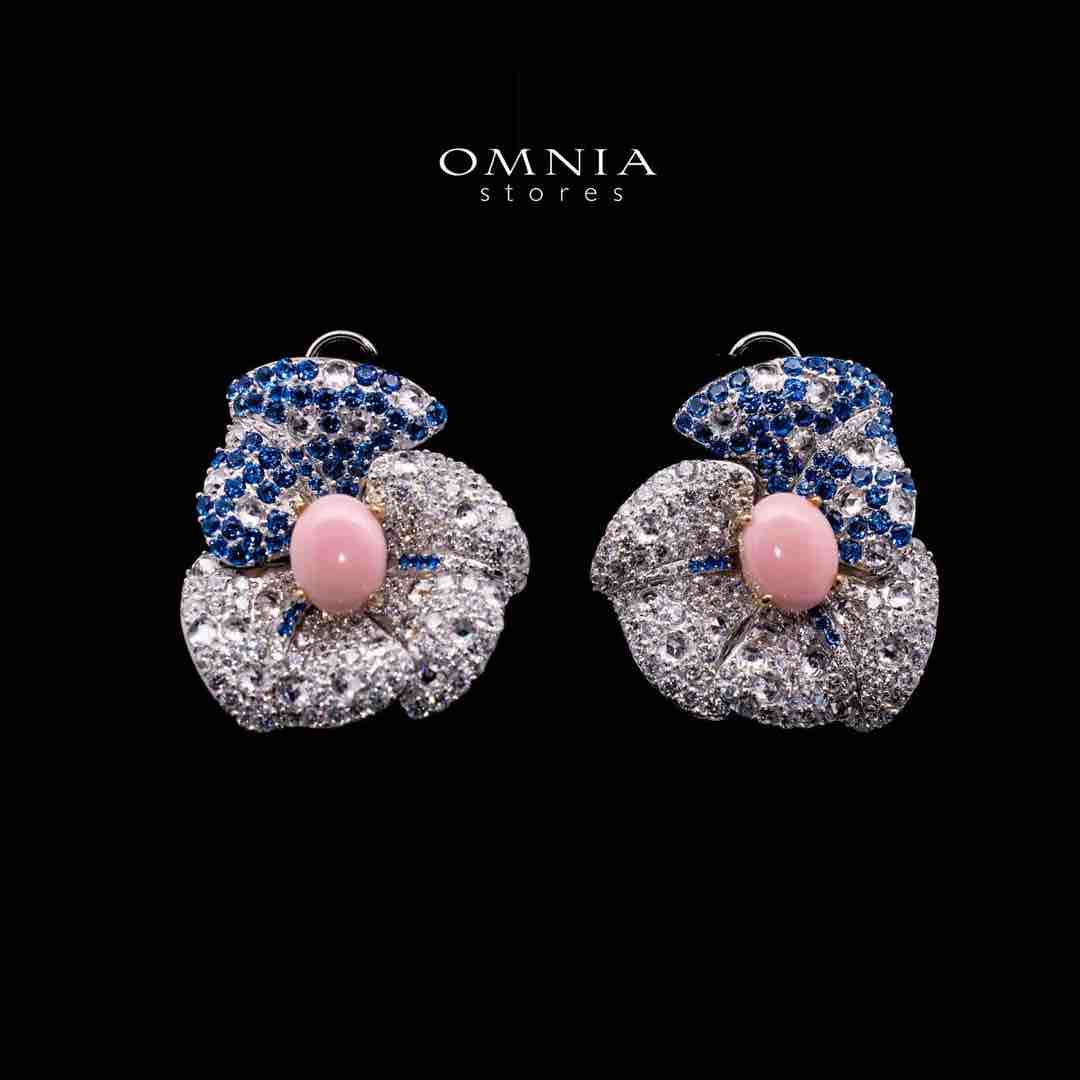 Omnia Suhad Pink Coral Flower Silver Earrings in 925 Silver High Quality White and Blue Simulated Diamond Stones - OMNIASTORES UAE