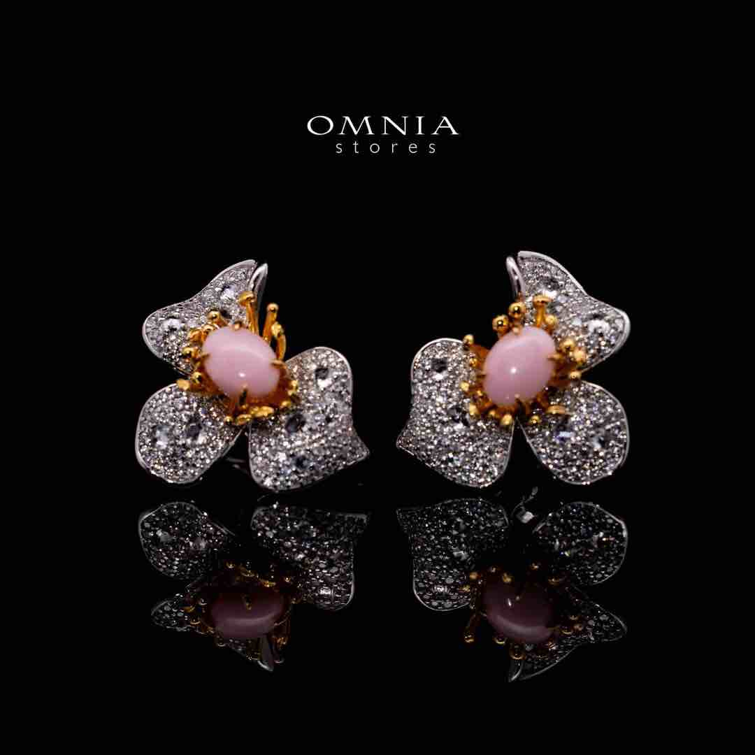 Omnia Ahram Pink Coral Flower Silver Drop Earrings in 925 Silver High Quality White Simulated Diamond Stones - OMNIASTORES UAE