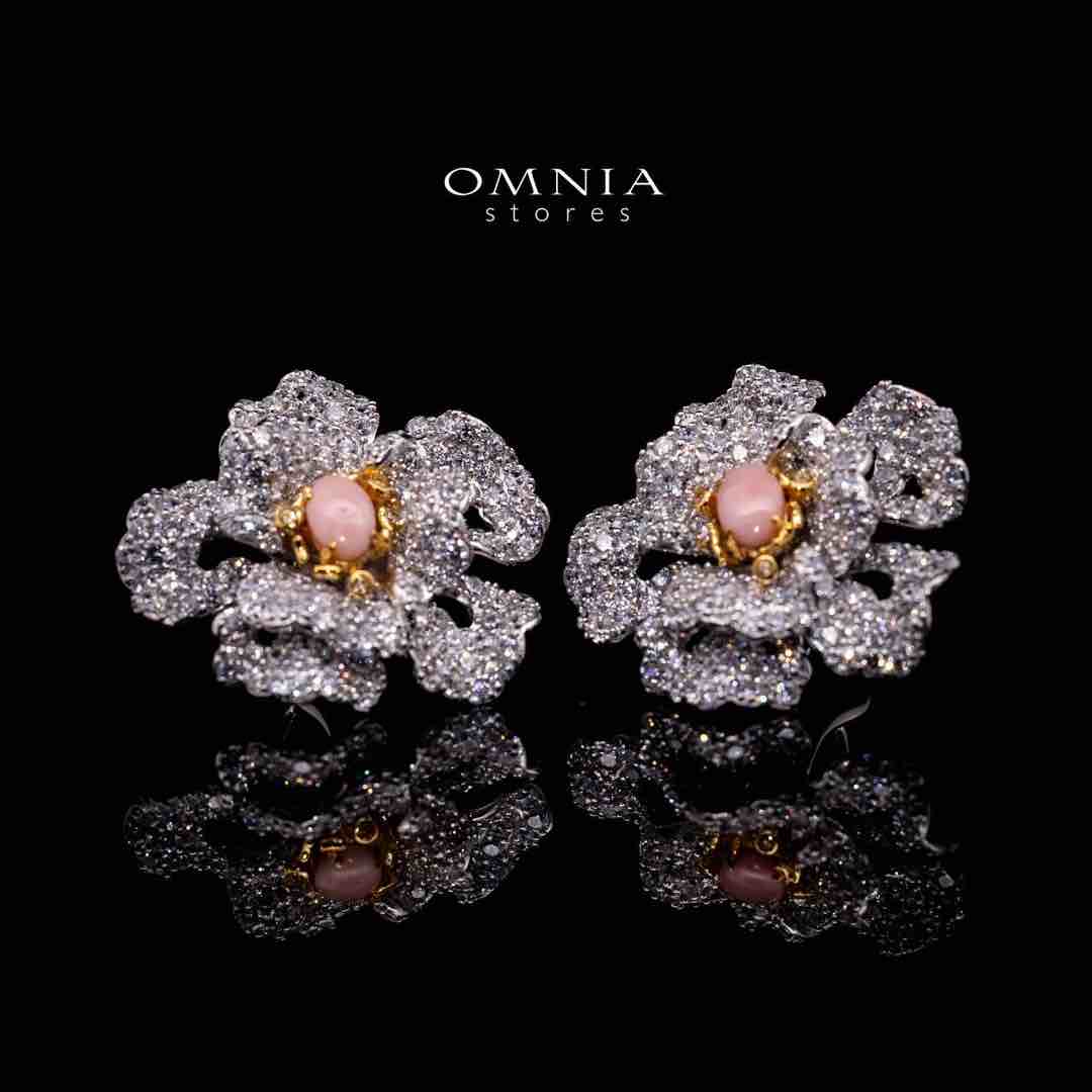 Omnia Sihab Pink Coral Flower Silver Clip Earrings in 925 Silver High Quality White Simulated Diamond Stones - OMNIASTORES UAE