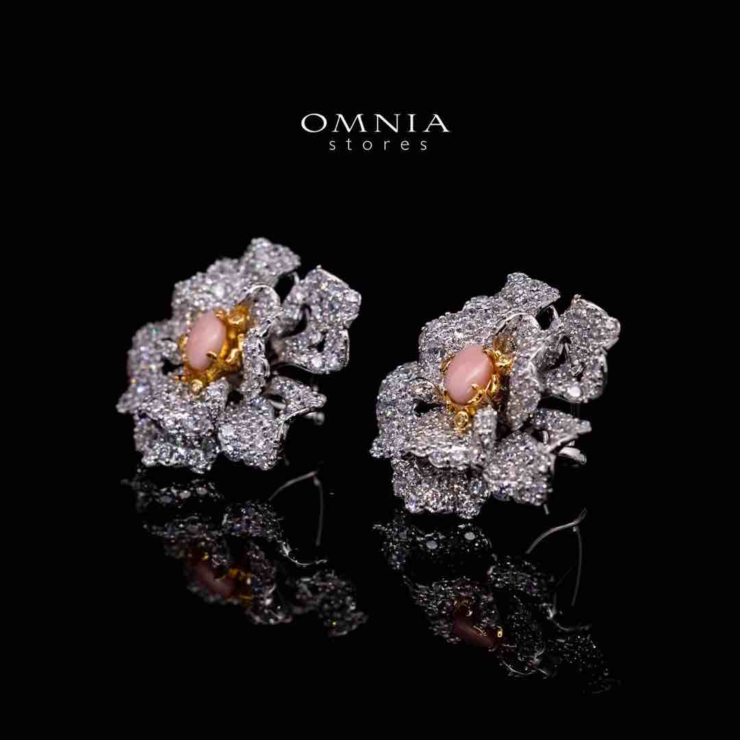 Omnia Sihab Pink Coral Flower Silver Clip Earrings in 925 Silver High Quality White Simulated Diamond Stones - OMNIASTORES UAE