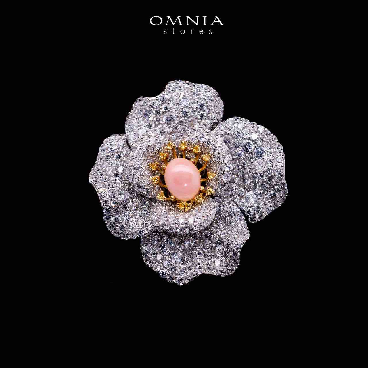 Omnia Ghaydaa Pink Coral Flower Silver Brooch in 925 Silver High Quality White Simulated Diamond Stones - OMNIASTORES UAE