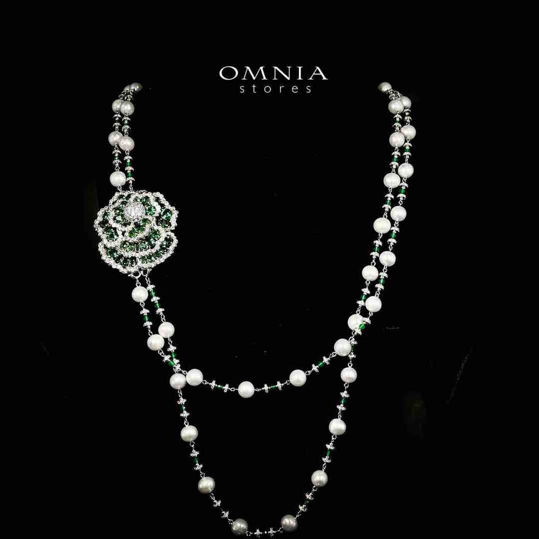 Omnia Nadia Green and White Silver with Real Fresh Pearl Long Chain Necklace in 925 Silver High Quality Simulated Diamond Stones - OMNIASTORES UAE
