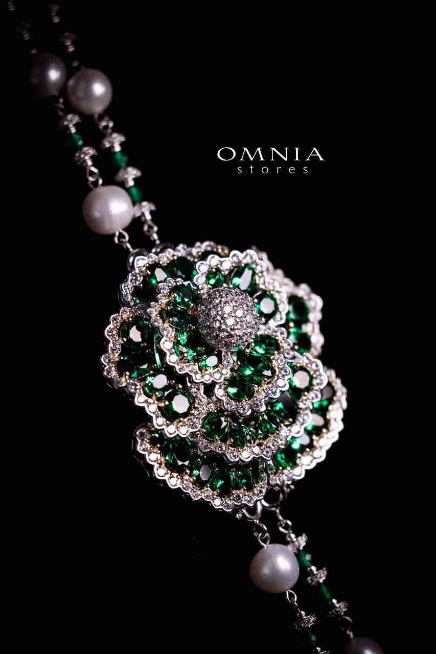Omnia Nadia Green and White Silver with Real Fresh Pearl Long Chain Necklace in 925 Silver High Quality Simulated Diamond Stones - OMNIASTORES UAE