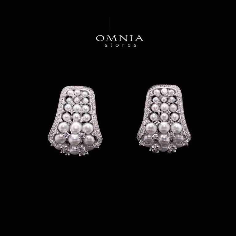 Omnia Nour White Fresh Water Pearl Silver Clip Earrings in 925 Silver In High Quality Simulated Diamonds