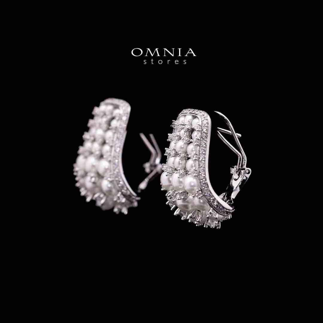 Omnia Nour White Fresh Water Pearl Silver Clip Earrings in 925 Silver In High Quality Simulated Diamonds