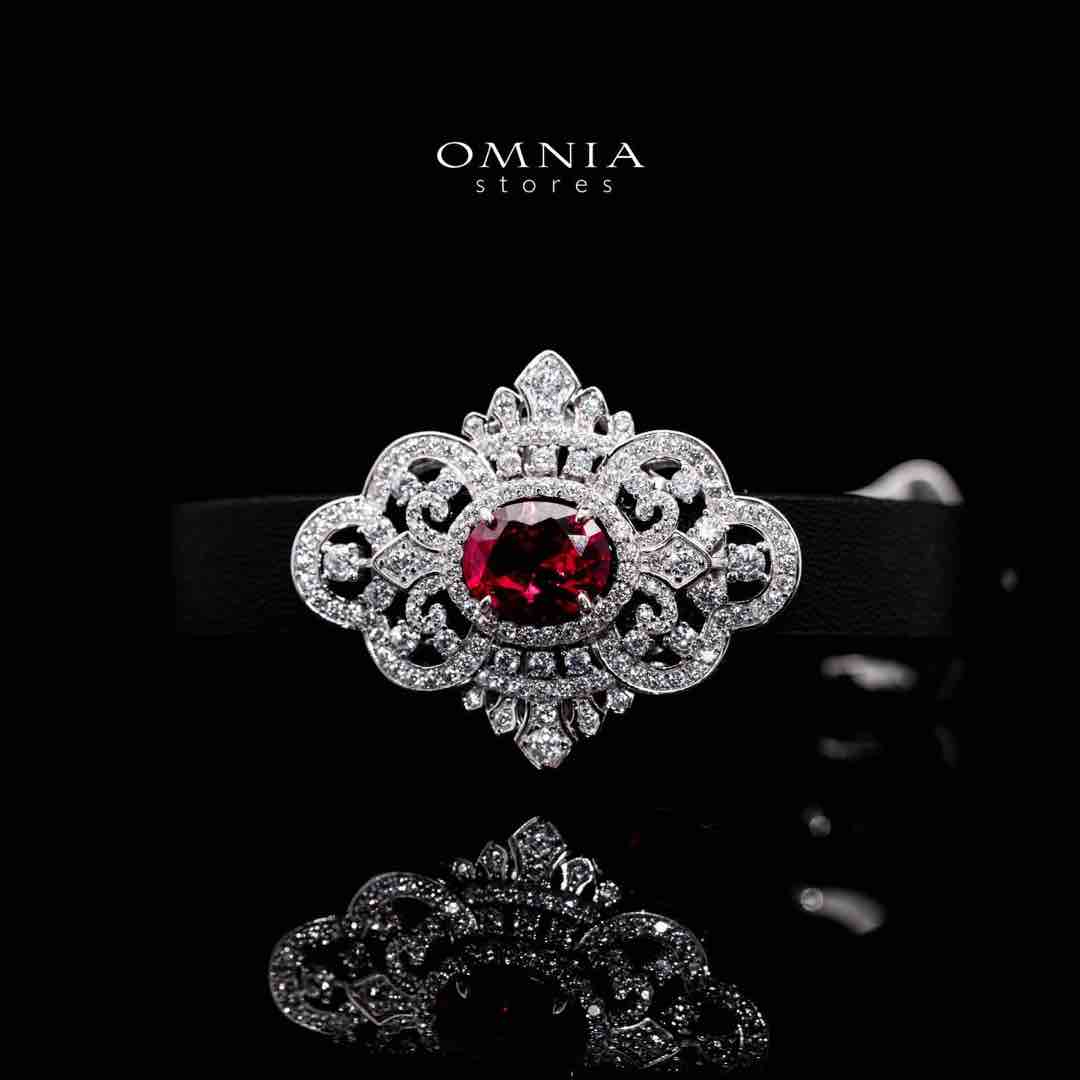 Omnia Bayan Red Leather Strap Bracelet in 925 Silver with High Quality Simulated Diamonds - OMNIASTORES UAE