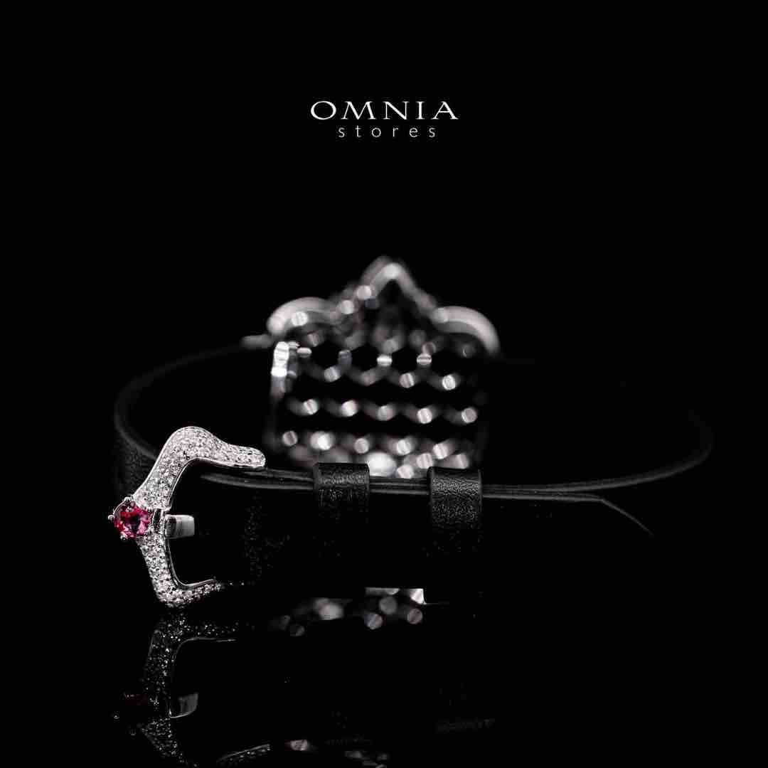 Omnia Bayan Red Leather Strap Bracelet in 925 Silver with High Quality Simulated Diamonds - OMNIASTORES UAE