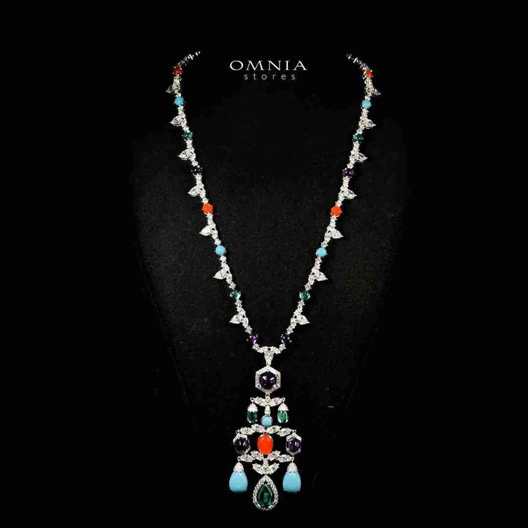 Omnia Raniya Chandelier Multi Color Silver Long Chain Necklace In 925 Silver High Quality Certified Lab Crafted Stones - OMNIASTORES UAE