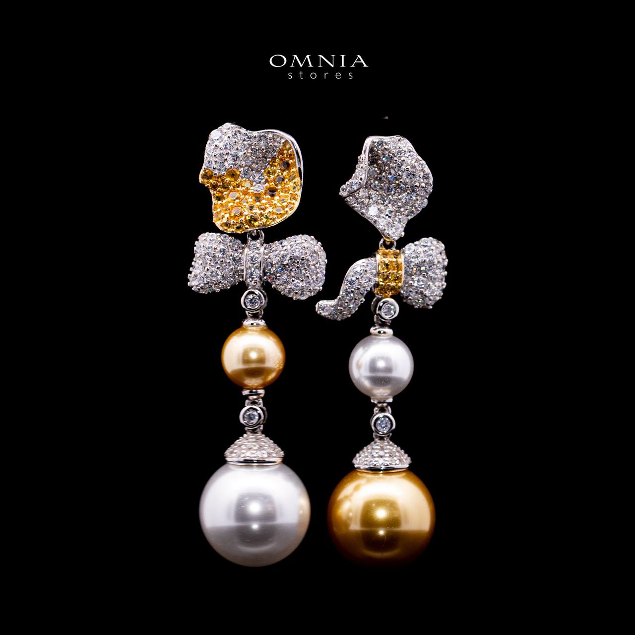 Omnia Haseena White and Gold Fresh Pearl Floral Drop Earrrings in 925 Silver In High Quality Simulated Diamonds - OMNIASTORES UAE