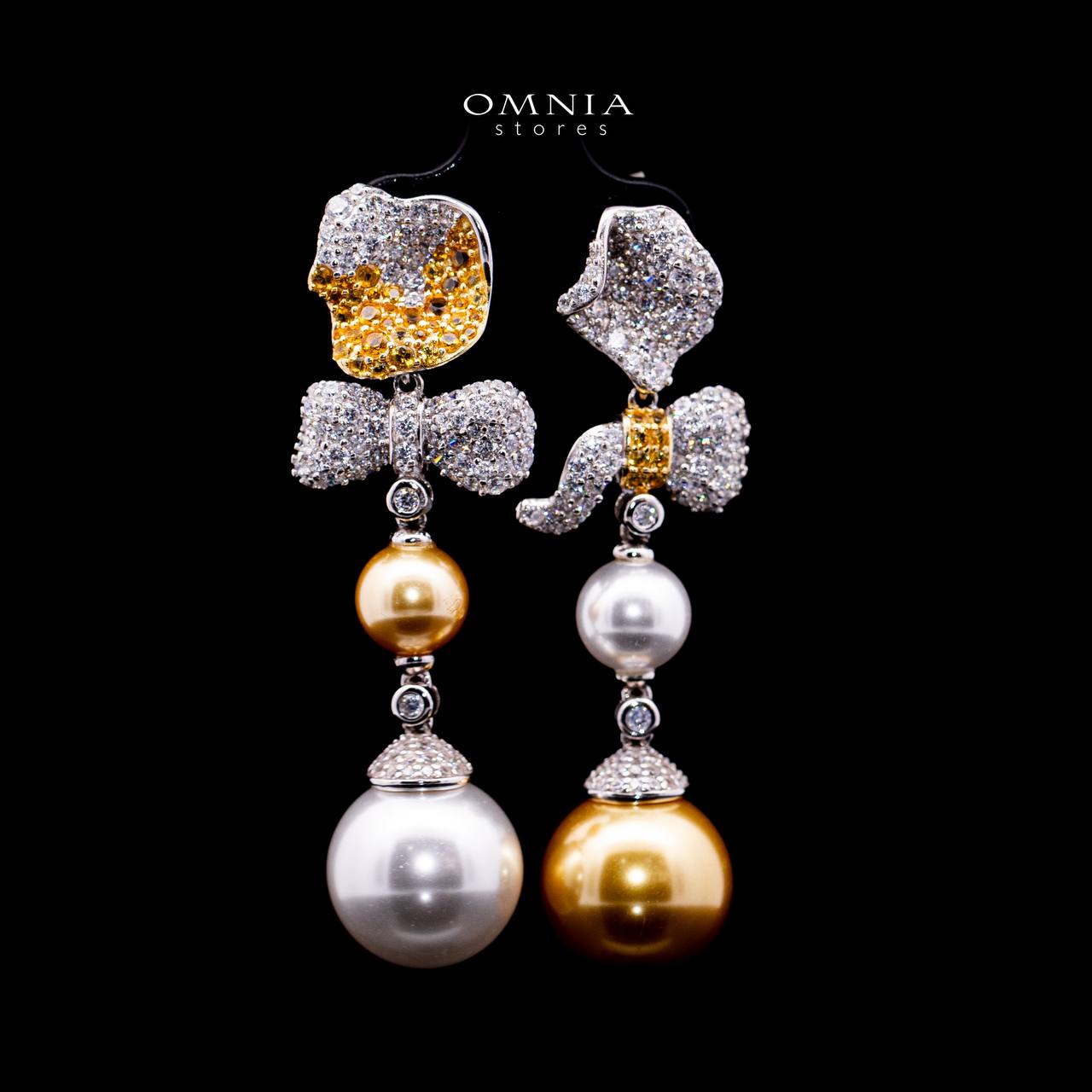Omnia Haseena White and Gold Fresh Pearl Floral Drop Earrrings in 925 Silver In High Quality Simulated Diamonds - OMNIASTORES UAE