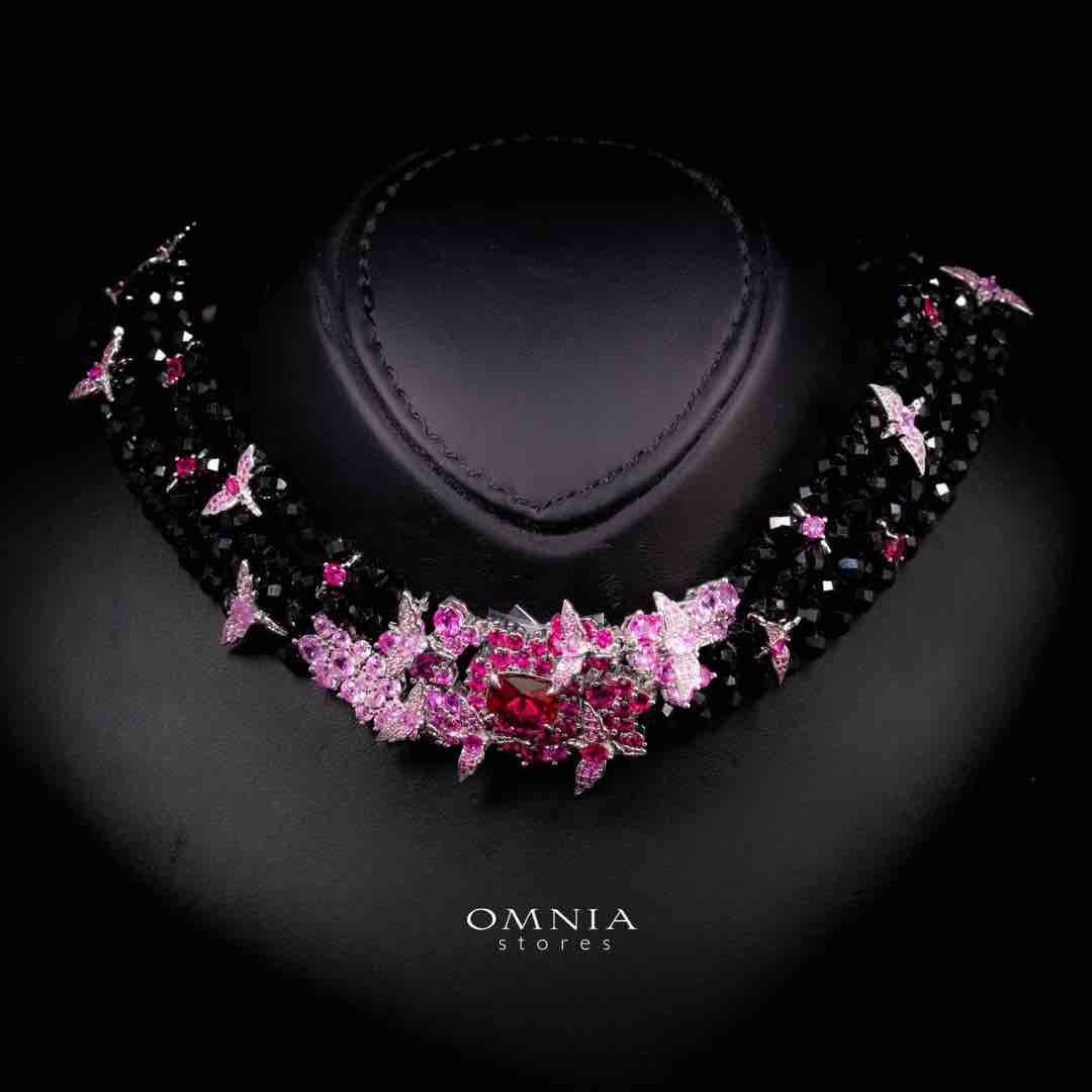 Omnia Blossom Black Beads Necklace in 925 Silver with High Quality Simulated Diamonds - OMNIASTORES UAE