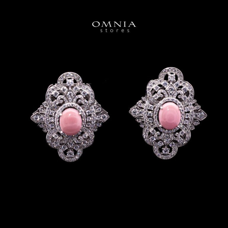 Omnia Bayan Orange Coral Stud Earrings in 925 Silver with High Quality Simulated Diamonds