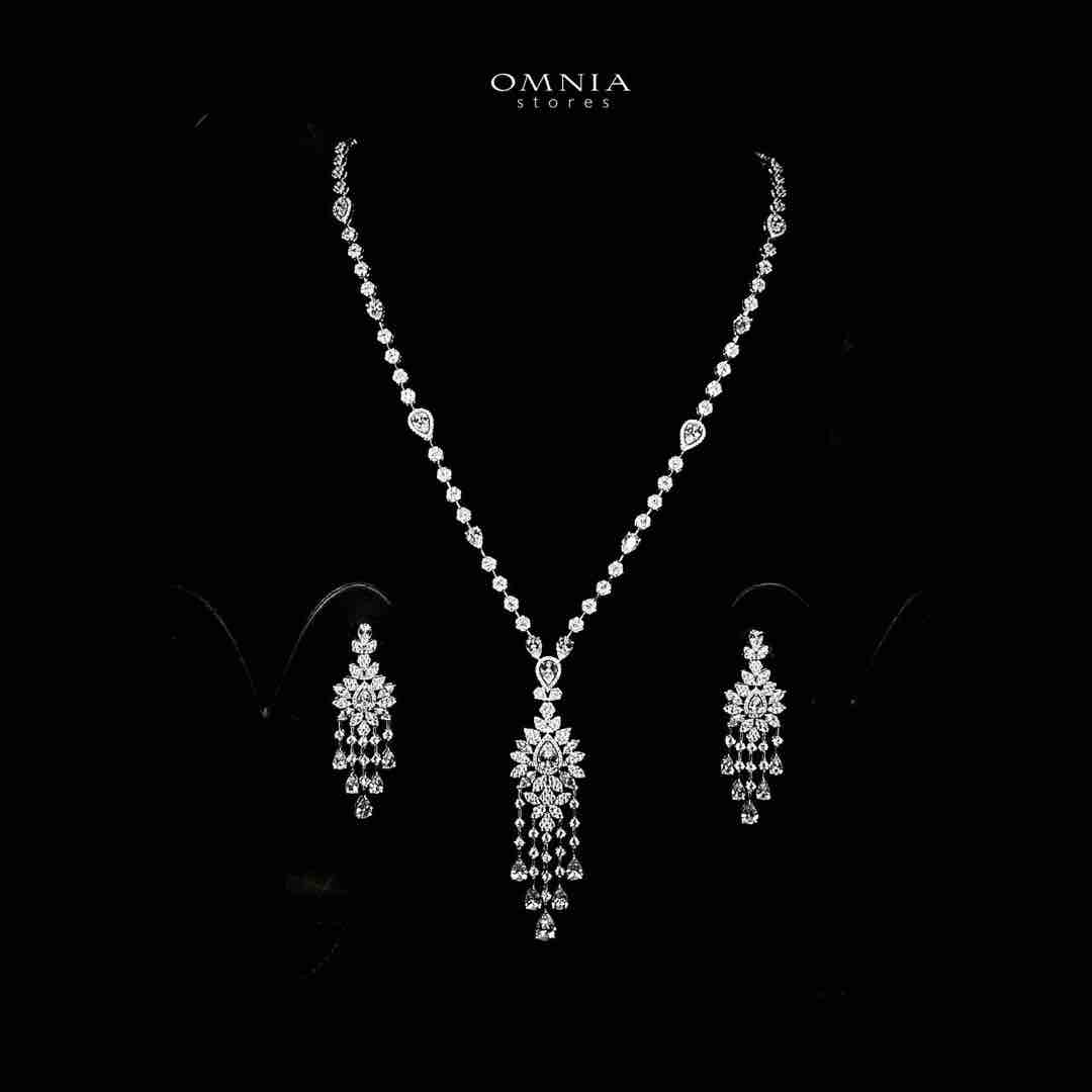 Azadeh White Bridal Long chain Set Accessories High Quality Zircon Stone In Rhodium Plated - OMNIASTORES UAE