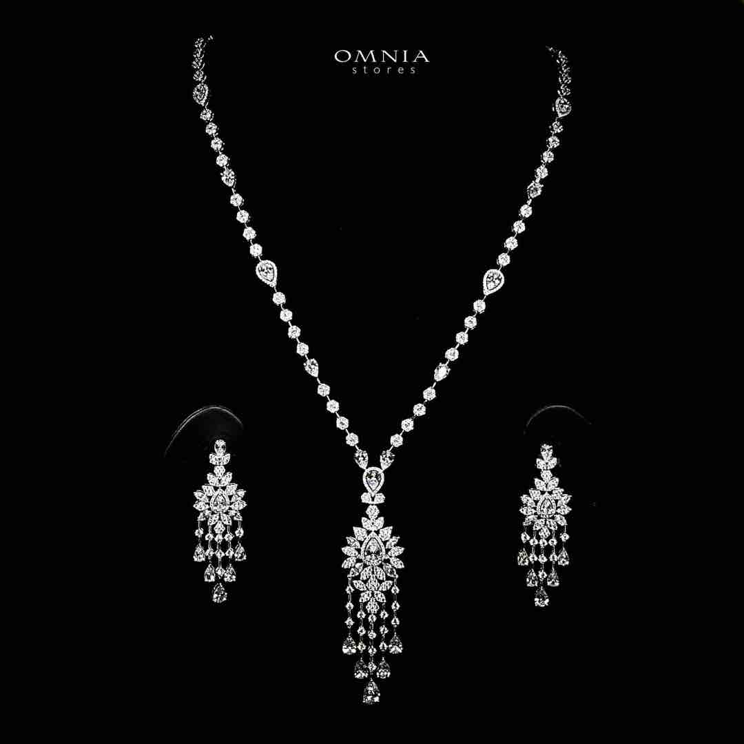 Azadeh White Bridal Long chain Set Accessories High Quality Zircon Stone In Rhodium Plated - OMNIASTORES UAE