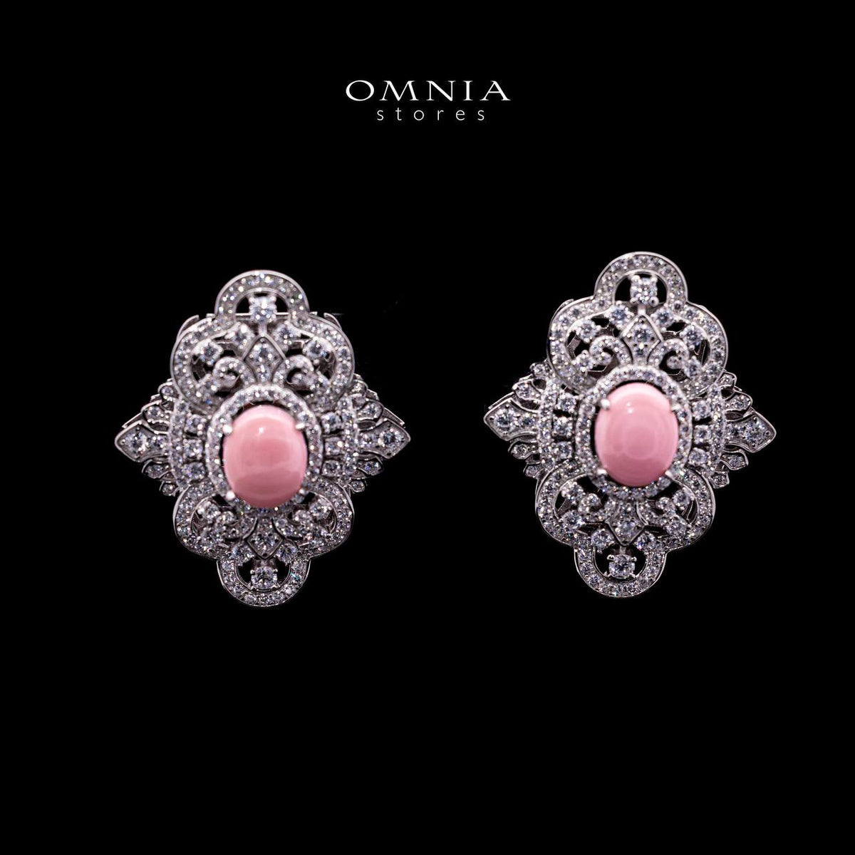 Omnia Bayan Pink Coral Stud Earrings in 925 Silver with High Quality Simulated Diamonds