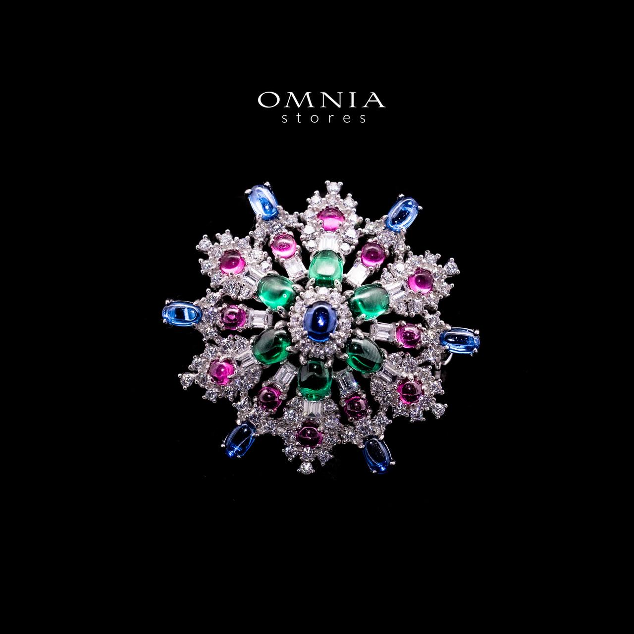 Omnia Feda Multi Color Silver Stud Brooch in 925 Silver High Quality Simulated Diamonds Stones - OMNIASTORES UAE
