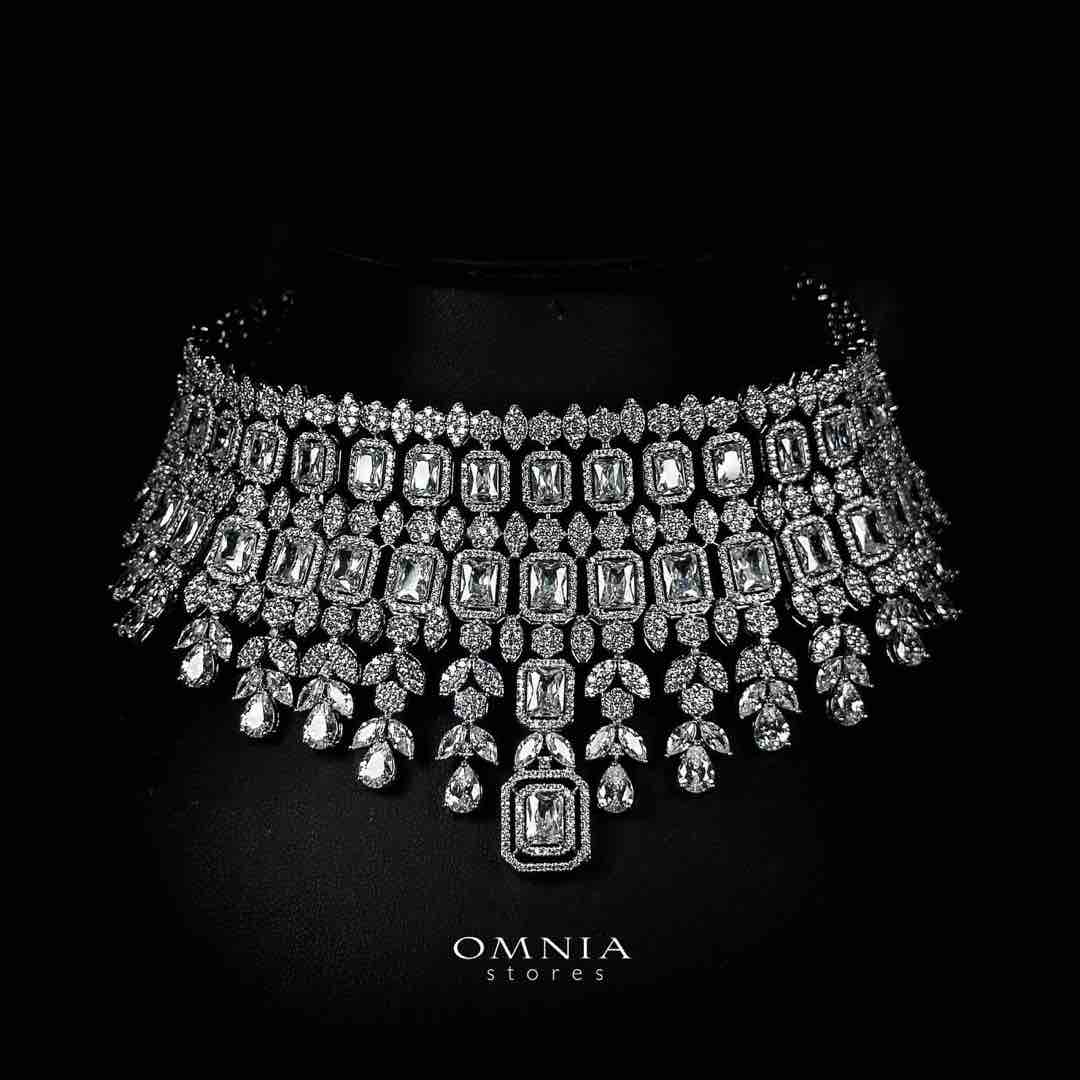 Omnia Nashida Luxury Bridal White Choker Full Set in High Quality Zircon Stone Rhodium Plated - OMNIASTORES UAE