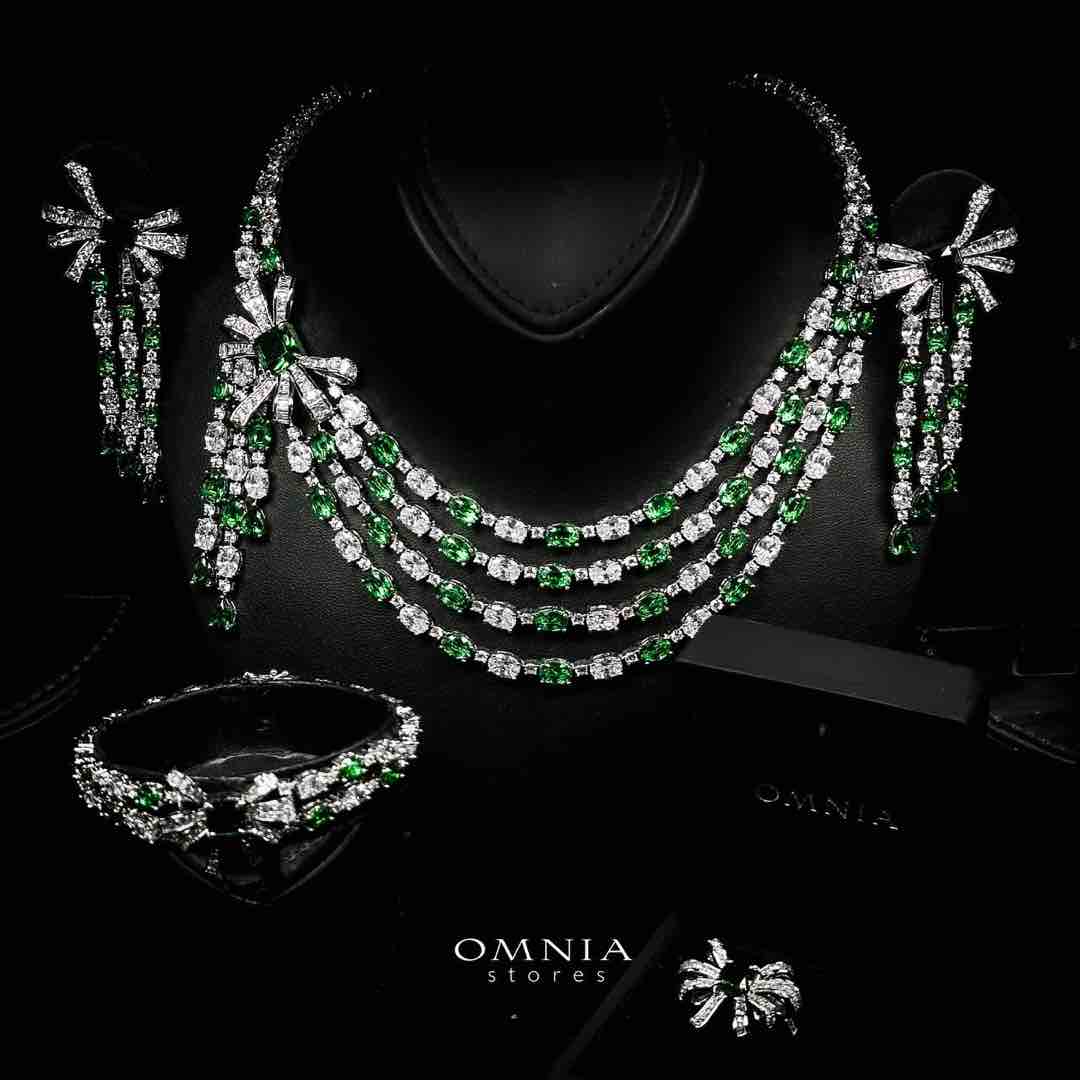Omnia Mawada Green Bridal Full Set with Elegant Bow-Accent Design and High-Quality Zircon Stones in Rhodium Plated Finish - OMNIASTORES UAE