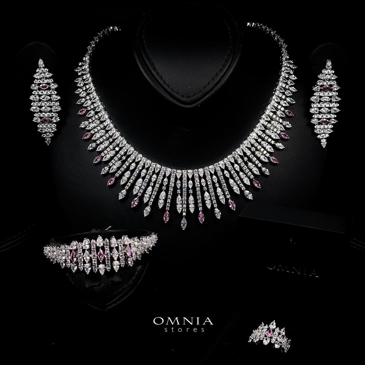 Omnia Lana Pink Bridal Full Set in High Quality Zircon Stone Rhodium Plated - OMNIASTORES UAE