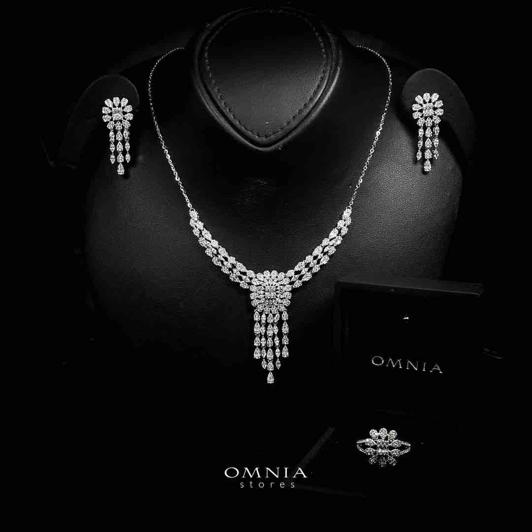 Omnia Leena White Necklace, Earrings and Ring Set in 925 Silver with High Quality Simulated Diamonds - OMNIASTORES UAE