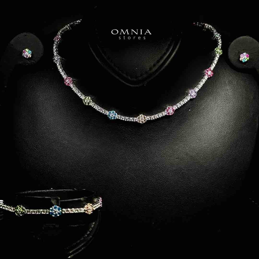 Omnia Zakiyaa Multi Color Tennis Necklace, Earrings and Bracelet Set in 925 Silver with High Quality Simulated Diamonds 2mm - OMNIASTORES UAE