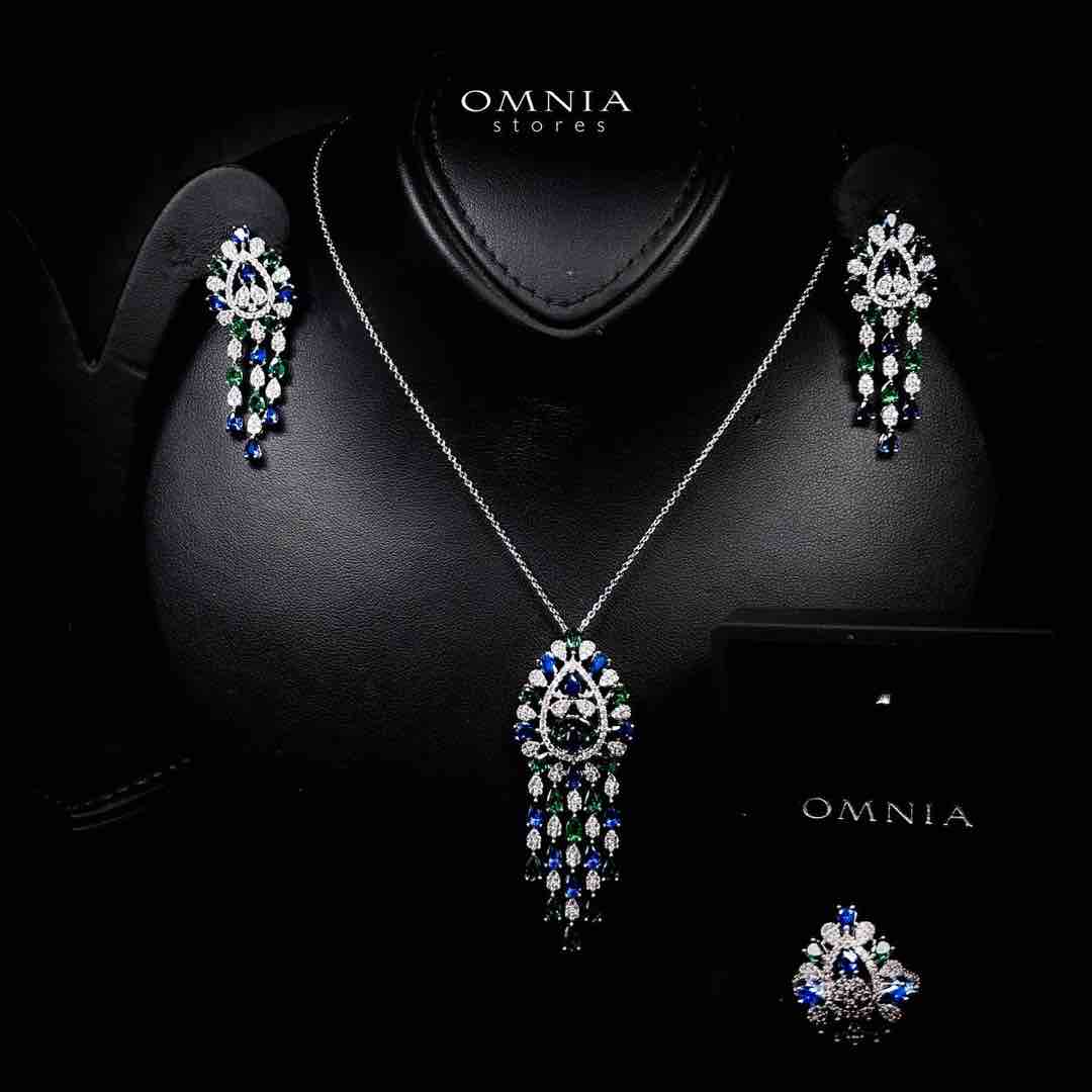 Omnia Aleah Luxury Multi Color Necklace, Earrings and Ring Set in High Quality Zircon Stone Rhodium Plated - OMNIASTORES UAE