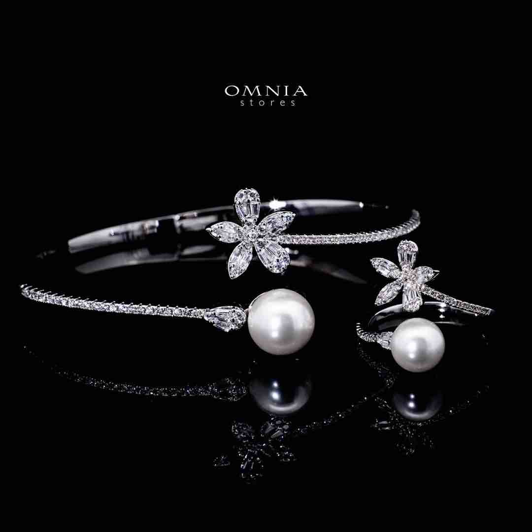 Omnia Bareea Luxury White Pearl Bracelet & RIng Set in High Quality Zircon Stone Rhodium Plated - OMNIASTORES UAE