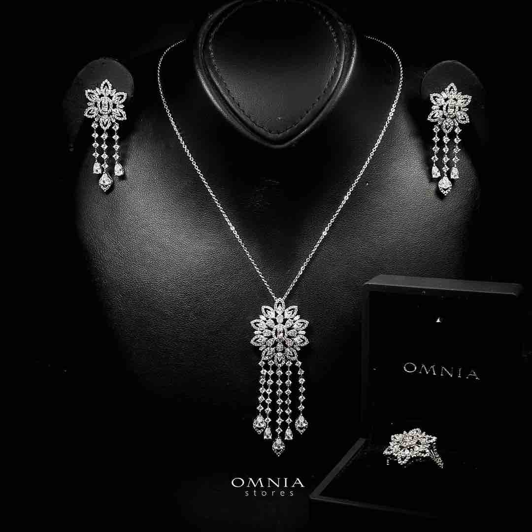 Omnia Elisha Luxury White Necklace, Earrings & RIng Set in High Quality Zircon Stone Rhodium Plated - OMNIASTORES UAE