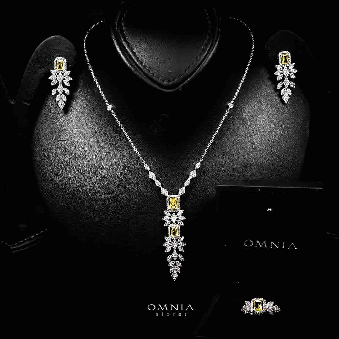 Omnia Saniyah Luxury White & Yellow Necklace, Earrings & Ring Set in High Quality Zircon Stone Rhodium Plated - OMNIASTORES UAE