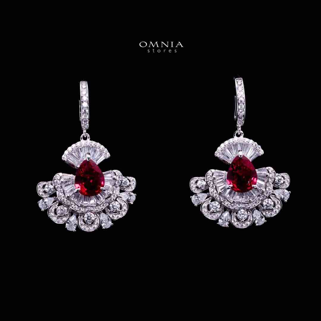 Omnia Aleyna Red Stone Silver Drop Earrings in 925 Silver with High Quality Simulated Diamonds - OMNIASTORES KSA
