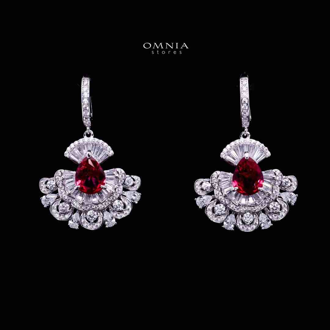 Omnia Aleyna Red Stone Silver Drop Earrings in 925 Silver with High Quality Simulated Diamonds - OMNIASTORES KSA