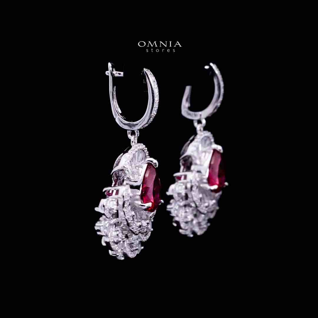 Omnia Aleyna Red Stone Silver Drop Earrings in 925 Silver with High Quality Simulated Diamonds - OMNIASTORES KSA