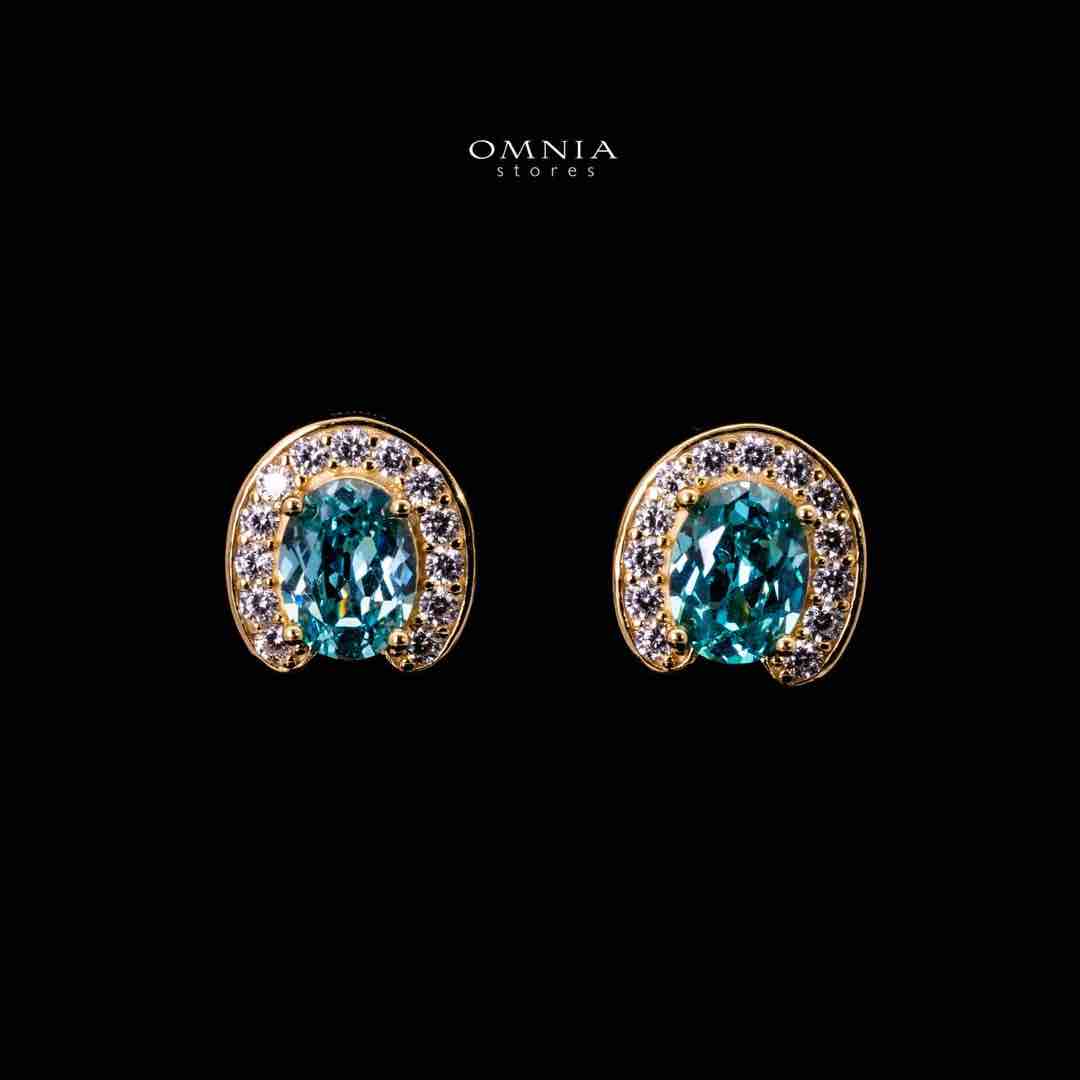 Omnia Amyra Sky Blue Stone Gold Stud Earrings in 925 Silver with High Quality Simulated Diamonds - OMNIASTORES UAE