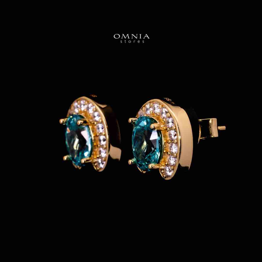 Omnia Amyra Sky Blue Stone Gold Stud Earrings in 925 Silver with High Quality Simulated Diamonds - OMNIASTORES UAE