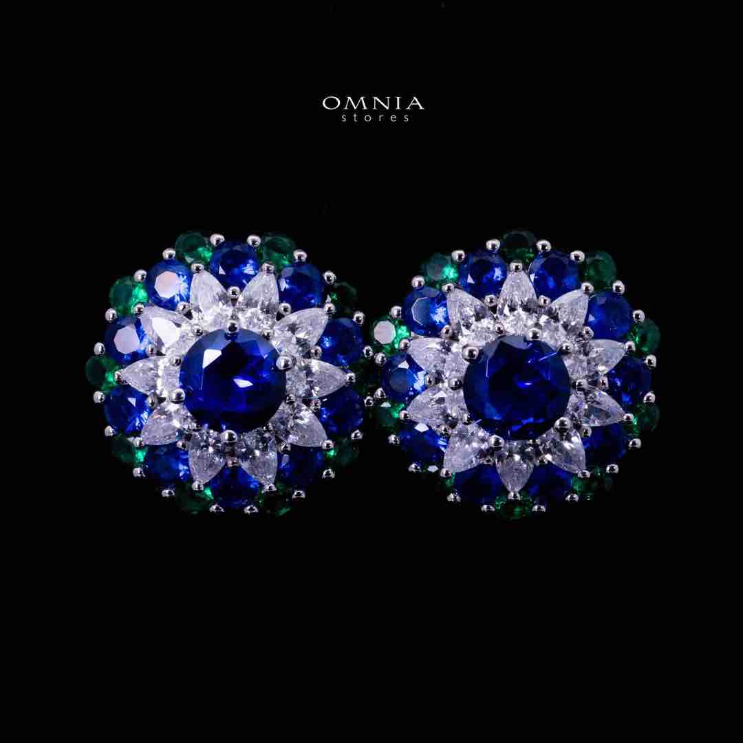 Omnia Aizah Royal Blue & Emerald Green Silver Stud Earrings in 925 Silver with High Quality Simulated Diamonds - OMNIASTORES UAE