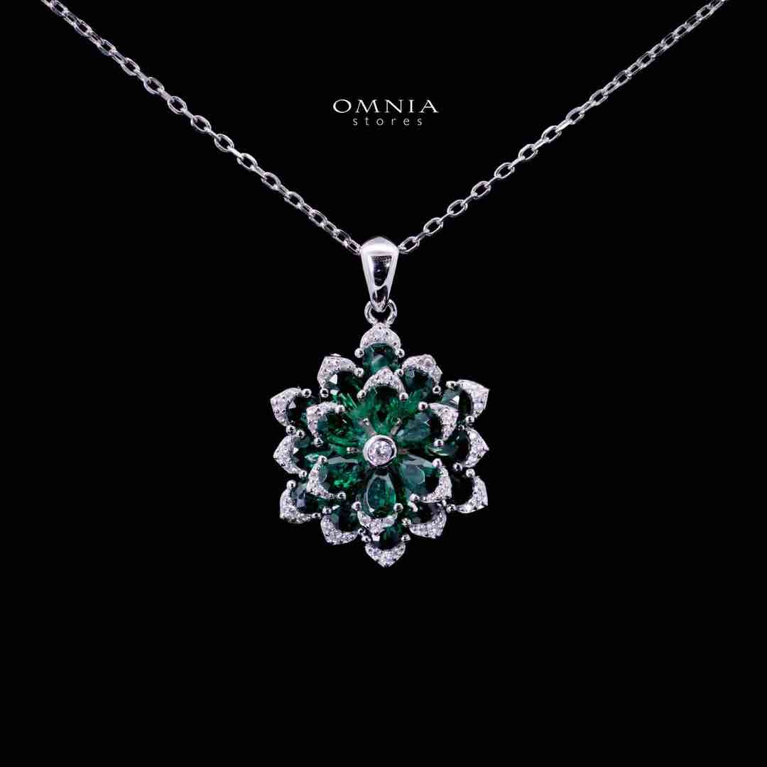 Omnia Damiyah Emerald Green Floral Silver Pendant Necklace in 925 Silver with High Quality Simulated Diamonds - OMNIASTORES UAE