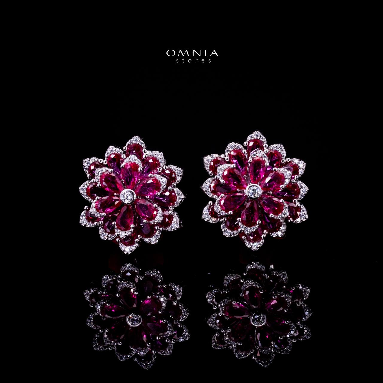 Omnia Damiyah Red Floral Silver Clip Earrings in 925 Silver with High Quality Simulated Diamonds - OMNIASTORES UAE
