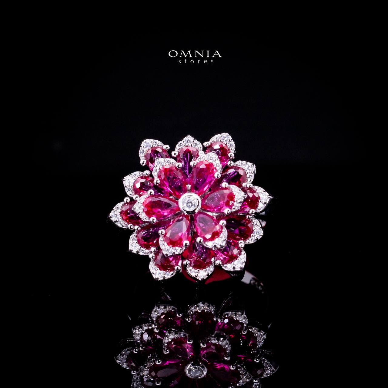 Omnia Damiyah Red Floral Silver Ring in 925 Silver with High Quality Simulated Diamonds - OMNIASTORES UAE