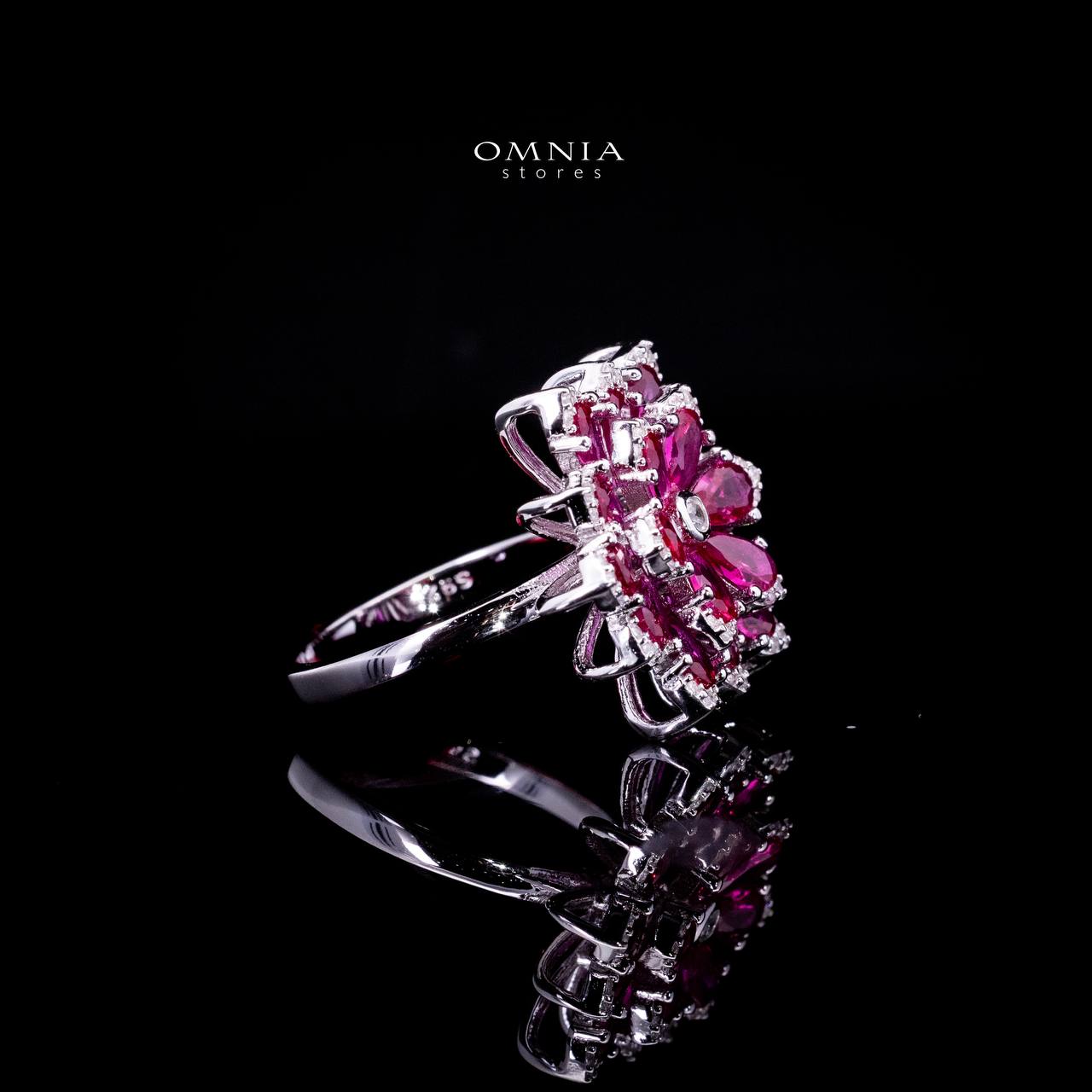 Omnia Damiyah Red Floral Silver Ring in 925 Silver with High Quality Simulated Diamonds - OMNIASTORES UAE