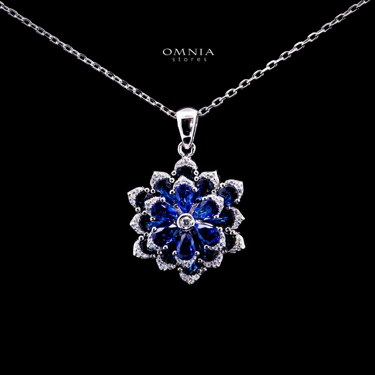 Omnia Damiyah Royal Blue Floral Silver Pendant Necklace in 925 Silver with High Quality Simulated Diamonds - OMNIASTORES KSA