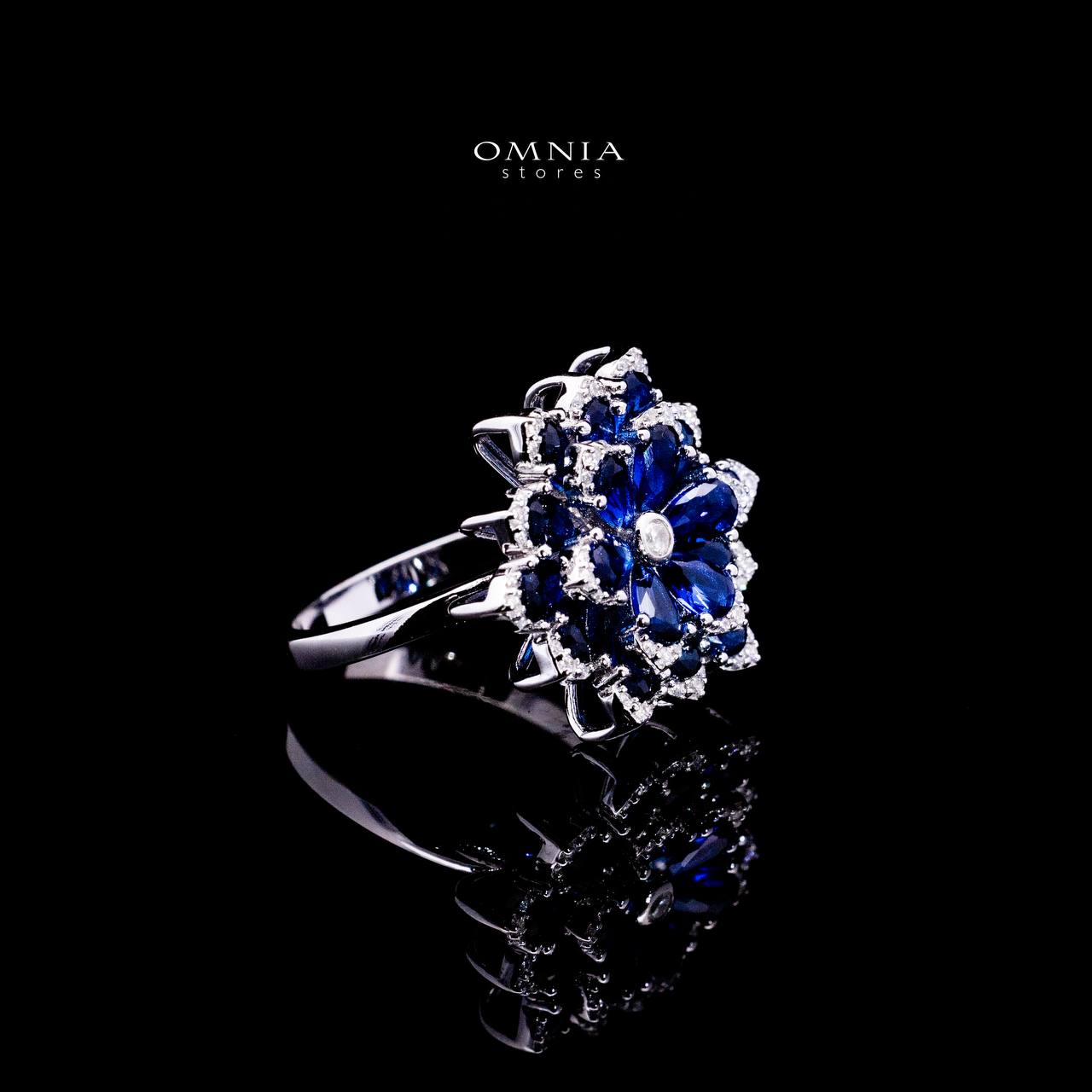 Omnia Damiyah Royal Blue Floral Silver Ring in 925 Silver with High Quality Simulated Diamonds - OMNIASTORES UAE